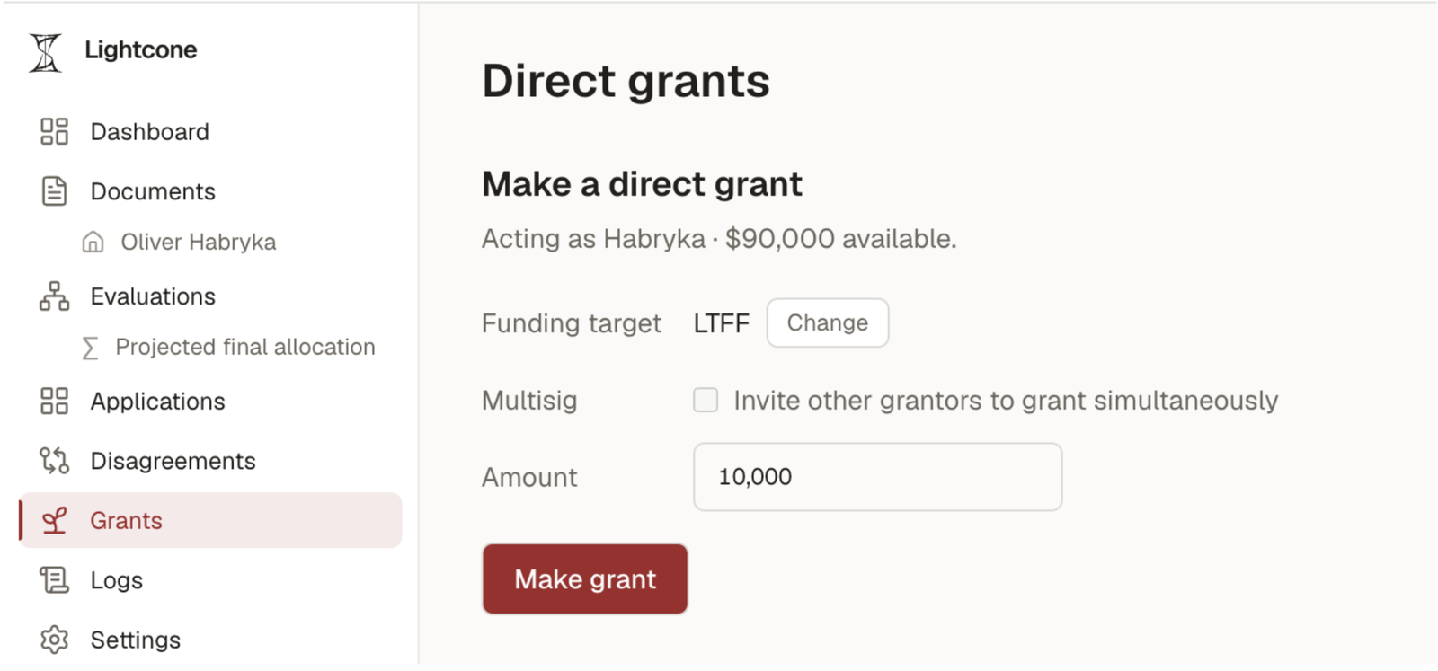 The Direct Grants page in the app, with the form for making a direct grant